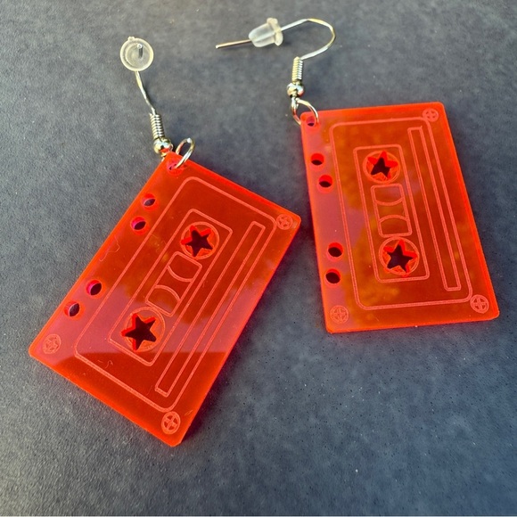 Retro 90s Cassette Tape Earrings - Pink Acrylic - Picture 6 of 8